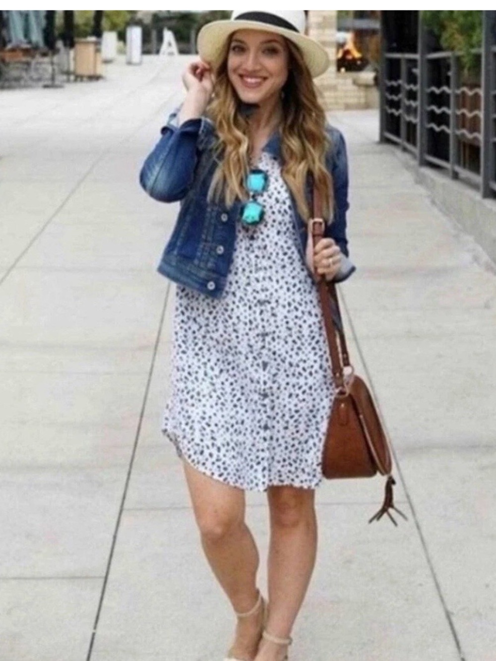 CAbi Camilla White Blue Brown Animal Print Sleeveless Button-Up Shirt Dress M